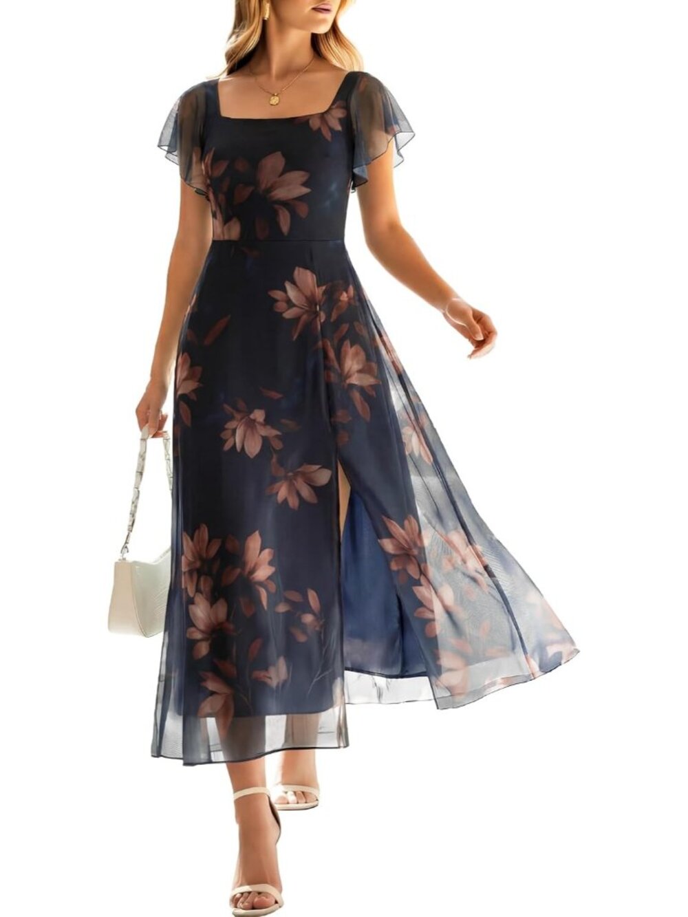 Women's Brown Floral Navy Blue Square Neck Floral Tulle Wedding Guest Midi Dress